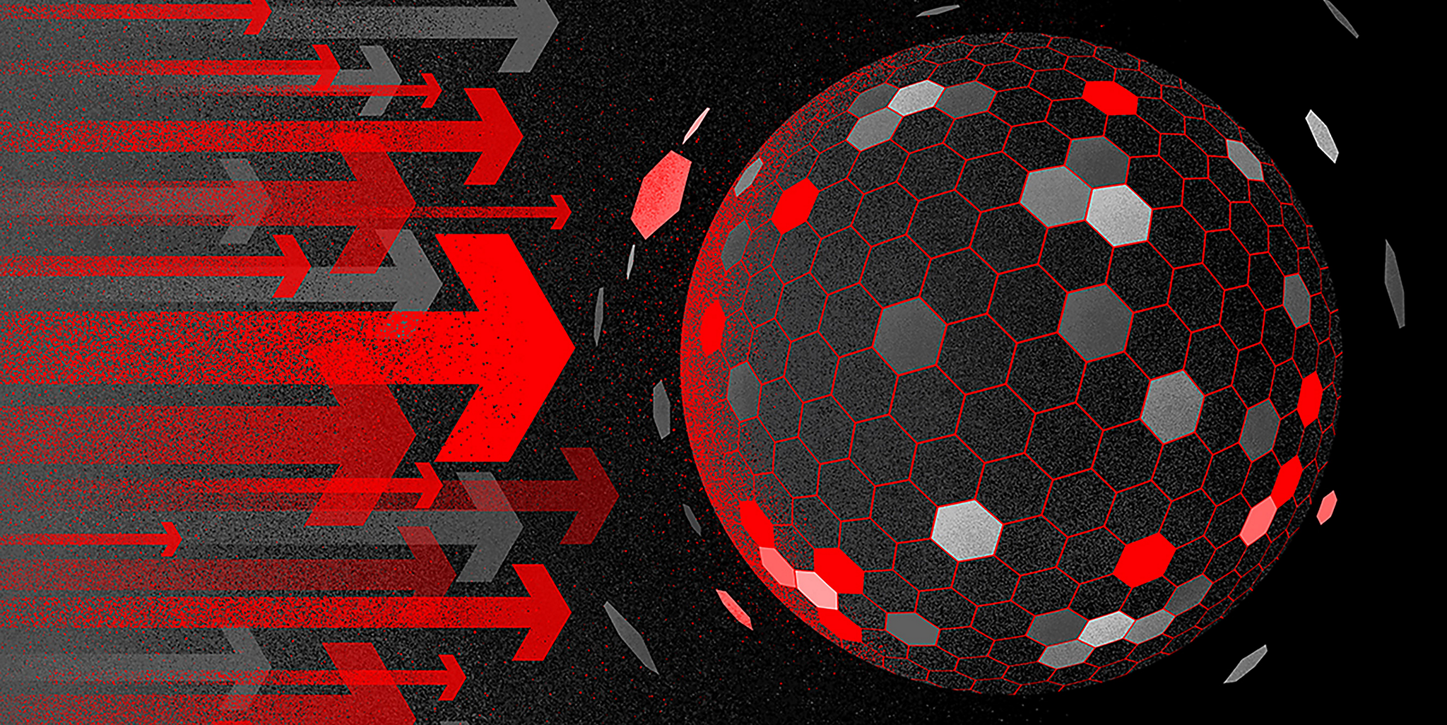 Illustration of numerous red and gray arrows pointing towards a red and black globe.