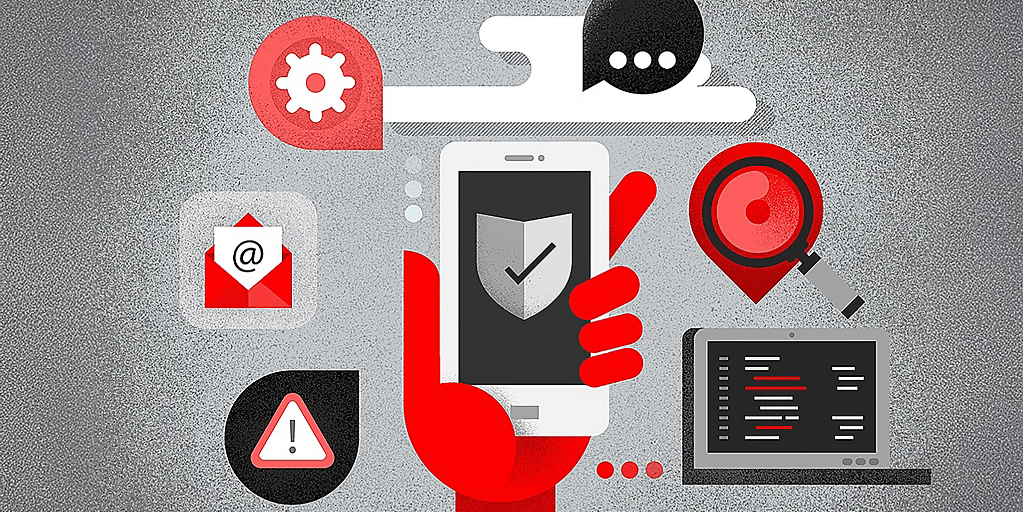 Illustration of a hand holding a cellphone with different threat icons popping up.