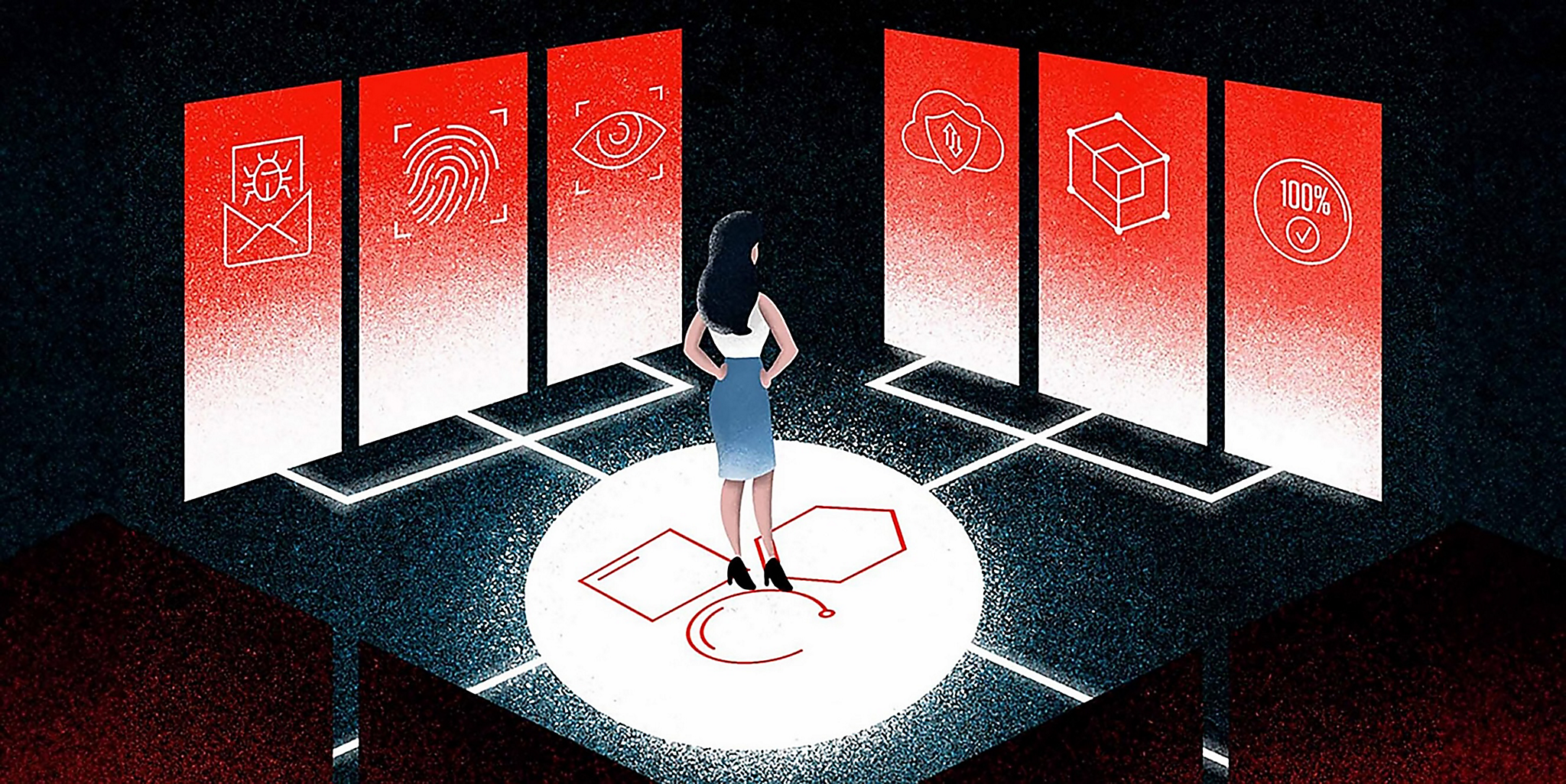 An illustration of a woman facing 6 panels with different icons representing a variety of technology services.