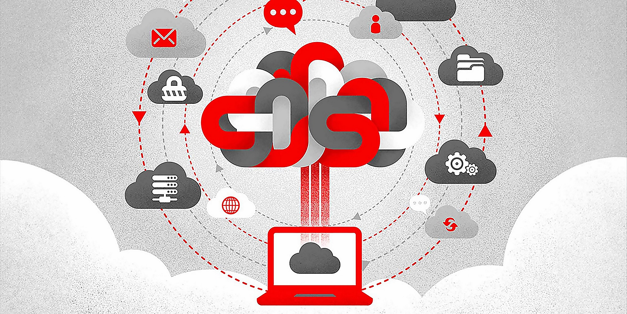 Illustration of a laptop connecting to the cloud.