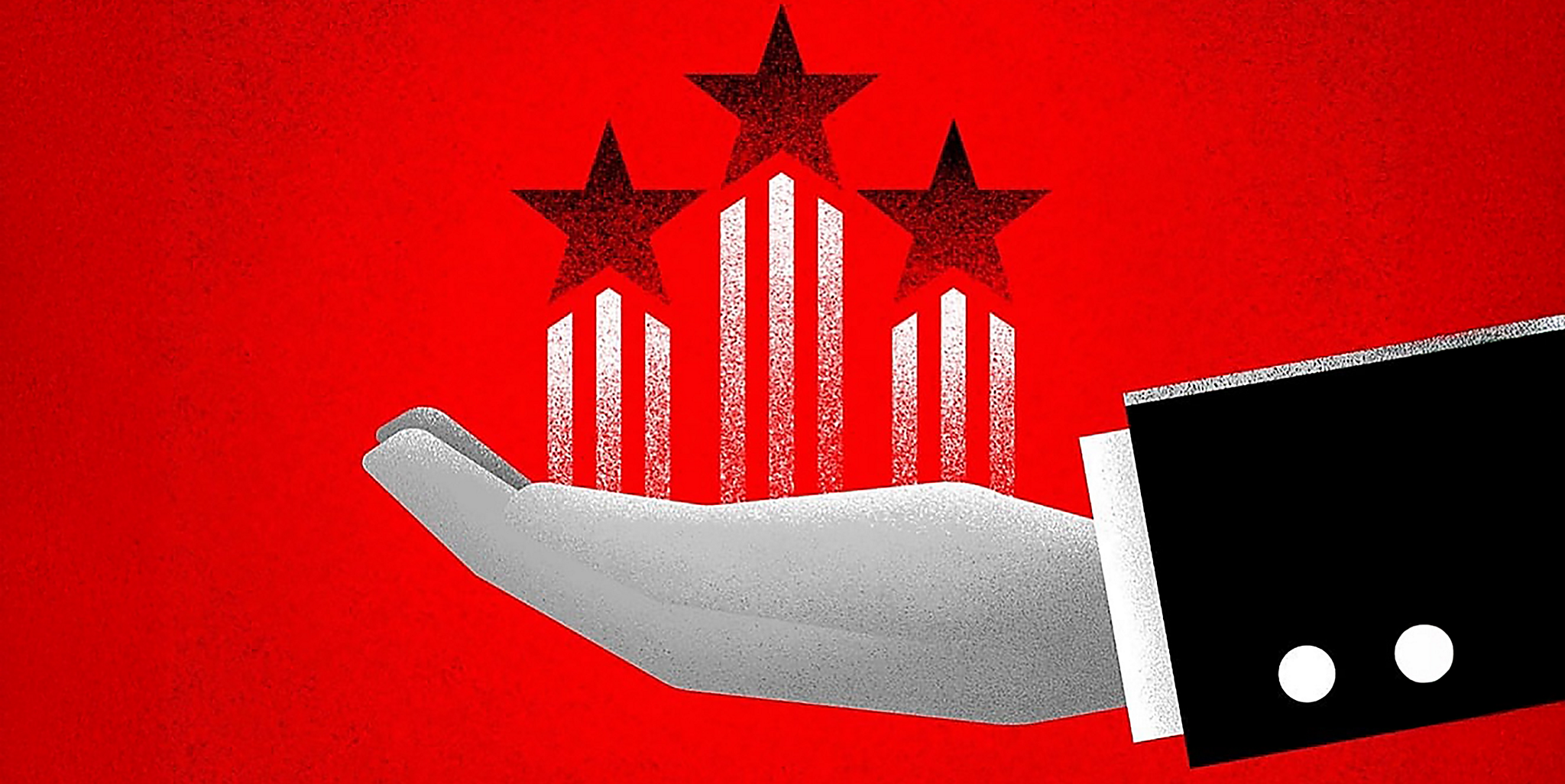 An illustration of an open hand with black stars shooting upward.